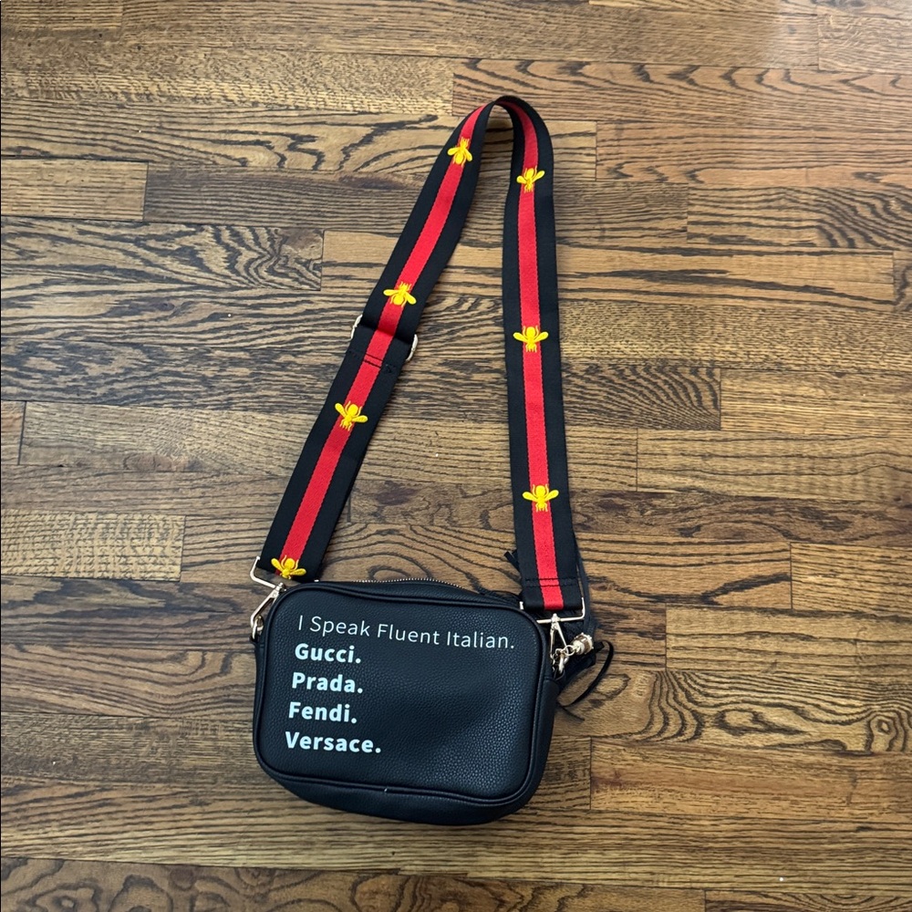 Black Crossbody Bag with Red and Yellow bee Strap